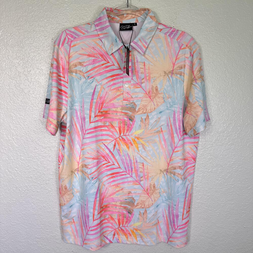 Sunday Swagger Polo Shirt Mens Medium Tropical Palm Aloha Graphic Print Golf NEW